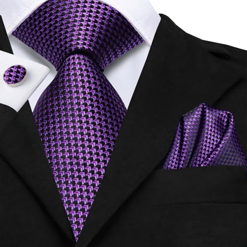 Image of Hi-Tie Father and Son Tie Set Striped Plaid Ties for Men and Boys Silk Necktie Pocket Square Set for Wedding Gifts