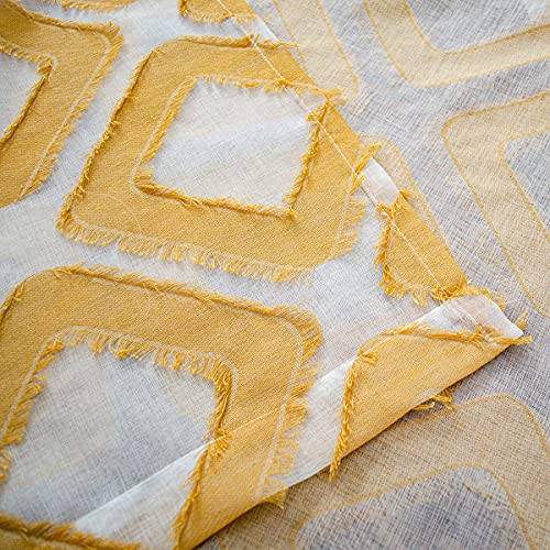 Linentalks Shaggy Yellow Sheer Curtains For Living Room, Diamond Patterned Geometric Faux Linen Sheer Curtains 96 Inches Long 2 Panels Set, Yellow Drapes Grommet Window Curtain Panels #TOP5