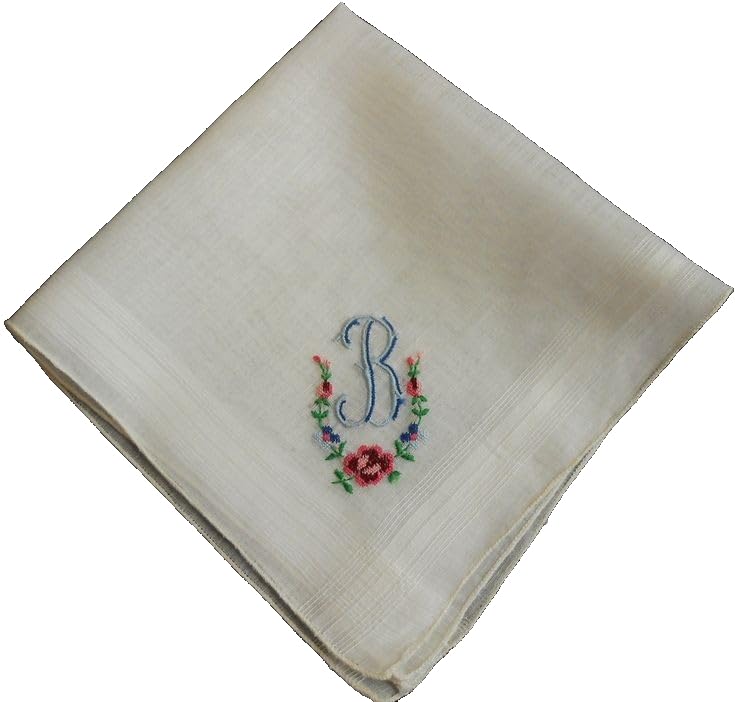 Shree adodhya vintage monogrammed letter' B' handkerchief- white cotton linen with floral embroidery.set of 2.-image-5