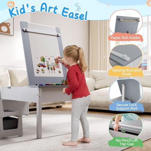 Image of 5-in-1 Kids Art Table and Chairs, Toddler Table and Chair Set, Craft Play Desk for Kids, Convertible Art Easel with Paper Roll Holder & Storage Drawers, Children Activity Learning Center-Gray