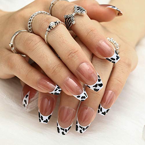 Bmadge Cow French Press on Nails Pink Glossy Coffin Fake Nails Medium Cow Print Ballerina Acrylic False Nails Full Cover for Women and Girls 24Pcs (Style A)