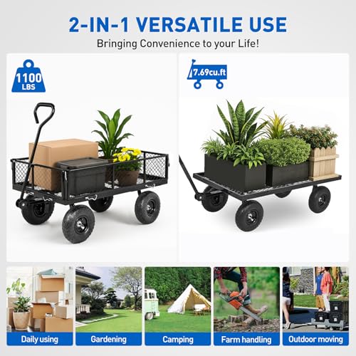 Yesker Steel Garden Carts - 1100lbs Dump Wagon with All Terrain Inflatable Wheels for Yard Lawn Farms Gardening - Heavy Duty Utility Outdoor Hauling Wheelbarrow - Thumbnail 6