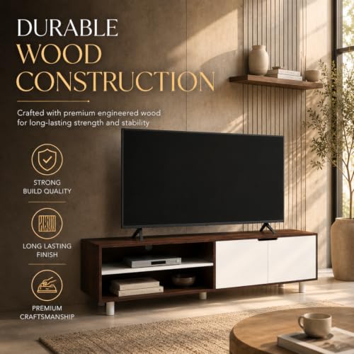 Image of GRATUS Duston Wooden TV Unit for Living Room | Free-Standing TV Cabinet with Shutters & Storage Compartments | TV Stand Table for 43-65 Inch TVs | Cable Management | Wenge Finish