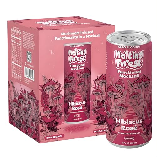 Melting Forest Functional Mocktail Hibiscus Rose – Alcohol-Free, Euphoric Adaptogen Drink with Reishi, Antrodia, Lion’s Mane, Ashwagandha – 10 Calories, Vegan, Gluten-Free (4 Pack)