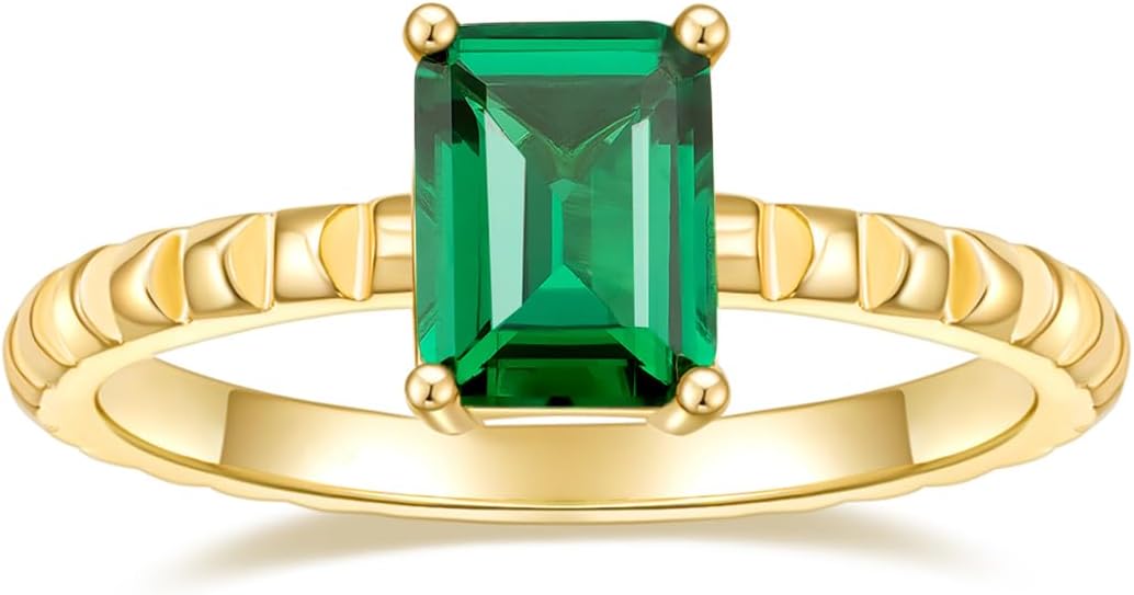 14K Gold Plated Engagement Ring for Women Created Green Emerald Solitaire Emerald Oval Marquise Cut Wedding Band Promise Ring for Her Size 5-10