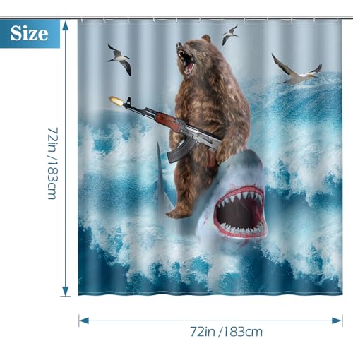 Image of Funny Shark Bear Shower Curtain - Fun Bear Riding Shark in Ocean Wave Cool Shower Curtains Set with 12 Hooks for Adults Wild Bathroom Decor Accessories, 72 inchx72 inch, Blue Brown