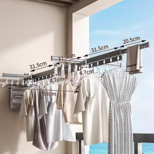 Hggzeg Clothes Drying Rack Wall Mounted, Retractable Garment Rack with Hooks, 360° Rotating Tri-Collapsible Laundry Clothes Drying Rack for Balcony, Laundry, Bathroom (Gunmetal grey) - Image 2