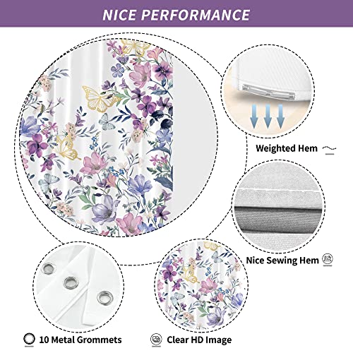 Visioun Purple Floral Butterfly Shower Curtain For Bathroom 60W*72H Inch Vintage Watercolor Wildflower Botanical Lavender Aesthetic Bathtub Decor Spring Waterproof Polyester Fabric Set With 12 Hooks #TOP3