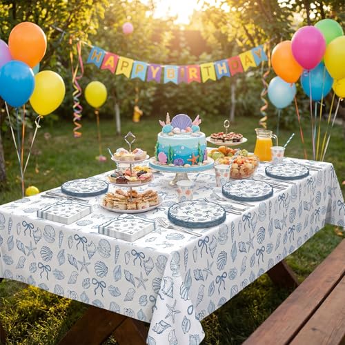Image of 40PCS Seashell Birthday Party Decorations Blue Bow Beach Style Tableware Kit Include Starfish Coral Disposable Paper Plates and Napkins,Tablecloth Set for The Summer I Turned Pretty Party Decor