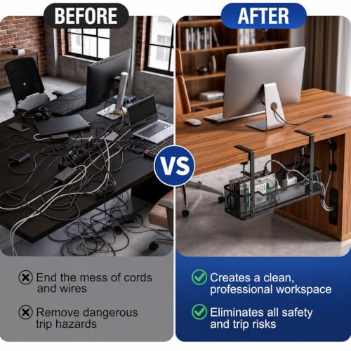 Image of Cable Management Tray for Desk with Mobile Stand | Under Desk Cable Organizer and Cable Manager for Table | Home & Office Cable Management Solution (Black)
