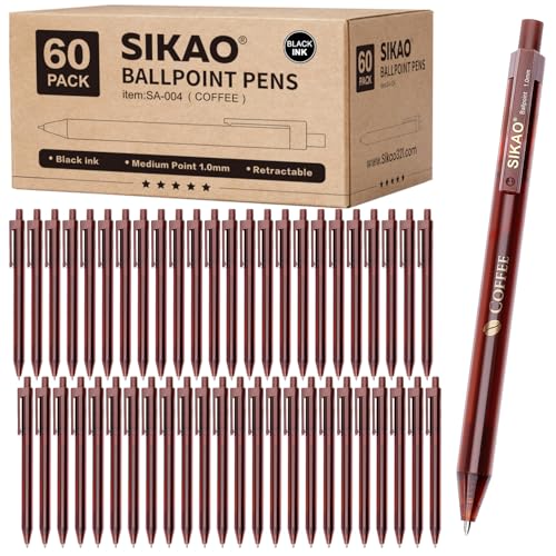 Sikao Coffee Ballpoint Pens Bulk, 60 Pack Click Pens Smooth Writing 1.0mm Black Ink, Coffee-Brown Barrel with Gold “COFFEE” Print for Office, School, Café Use or Severs