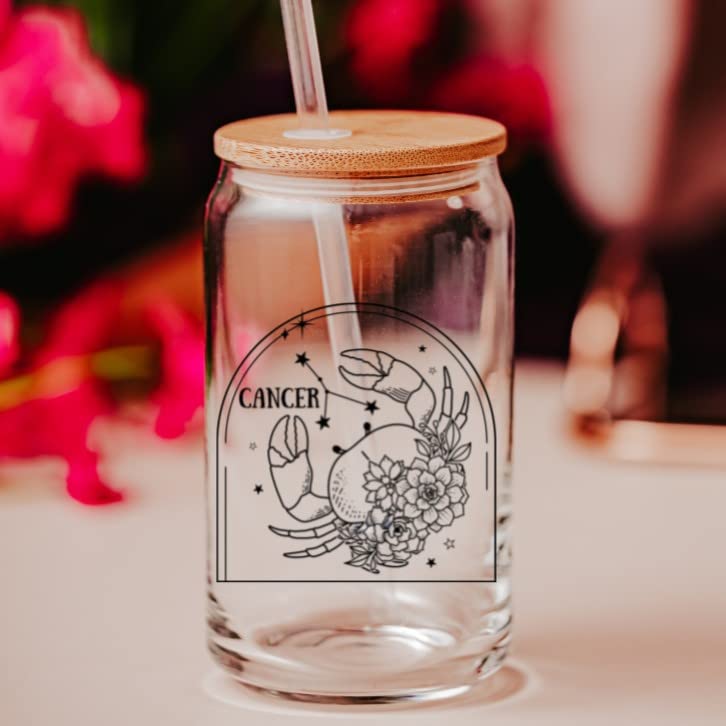 Miniatura 2 de Zodiac Glass Can Cup - 16 oz Horoscope Sign Iced Coffee Glass Cup with Bamboo Lid and Reuable and Straw Coffee and Water Travel Cup, Birthday Gift