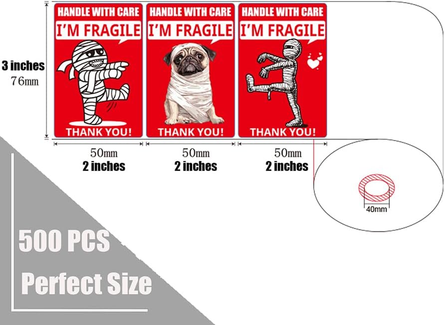 Miniatura 2 de Divertidas calcomanías frágiles de 3x2 pulgadas, 500 etiquetas - Diseño de momia y perro para envío, mudanza, vidrio, adhesivo permanente (1 rollo)