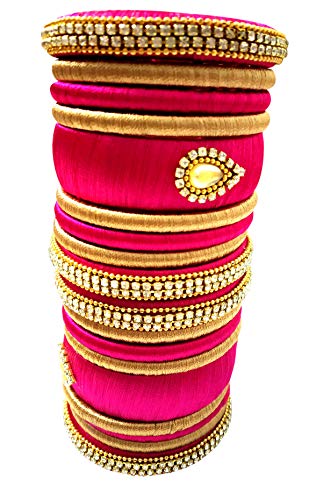 Image of GOELX Silk Thread 18 Bangles Set in Pink and Gold Combination