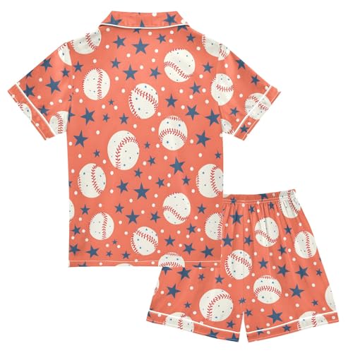 Baseballs with Stars Red Pattern Summer Satin Pajama Set, Cute Button-Down Sleepwear Pj Set for Sleep Wears2