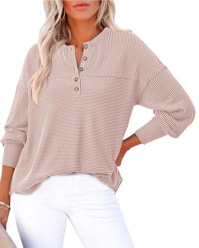 KIRUNDO Going Out Tops for Women Henley Shirts 2025 Casual Ribbed Knit Long Sleeve Tunic Summer Fall Button V Neck Blouse
