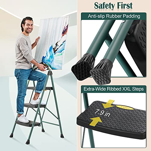 This 3 Step Ladder,Folding Step Stools For Adults With Non-Slip Wide Pedal, Rubber Feet, Lightweight, 500 Lbs Sturdy Portable Steel Ladders For Kitchen, Household, Storage Room #TOP2