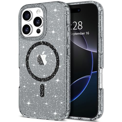 Hython for iPhone 16 Pro Max Case Glitter, Clear Glitter Sparkly Shiny Bling Sparkle Cute Cover, Anti-Scratch Soft TPU Slim Fit Shockproof Protective Phone Cases for Women Girls, Magnetic Black by Hython - Used condition - US$5.51