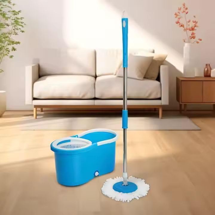 Image of TEKCOOL Premium Spin Mop with Big Wheels and Heavy Wringer | 360 Flexible Mop Bucket System for Floor Cleaning with 2 Microfiber Refills (Blue):'