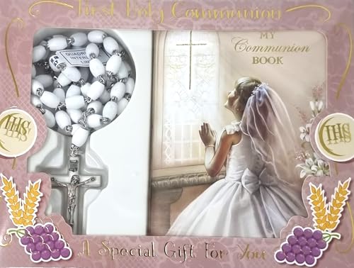 celebrationgiftsforall Libro de oración de primera comunión para niña, rosario blanco y tarjeta de oración, en caja de regalo