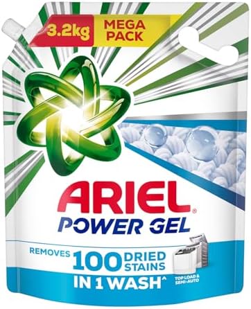 Ariel Power Gel Liquid Detergent for Top Load & Semi Auto โ 3.2kg | Removes 100 Dried Stains in 1 Wash | Faster Dissolving | Long-Lasting Fragrance | Color Protection | At the price of Powders