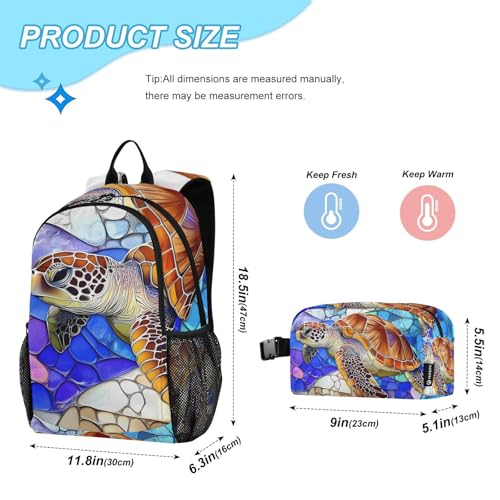 Travel Backpack Lunch Bag Set for Hiking Picnic, Backpacks with Insulated Lunch Box Stained Glass Turtle Print2