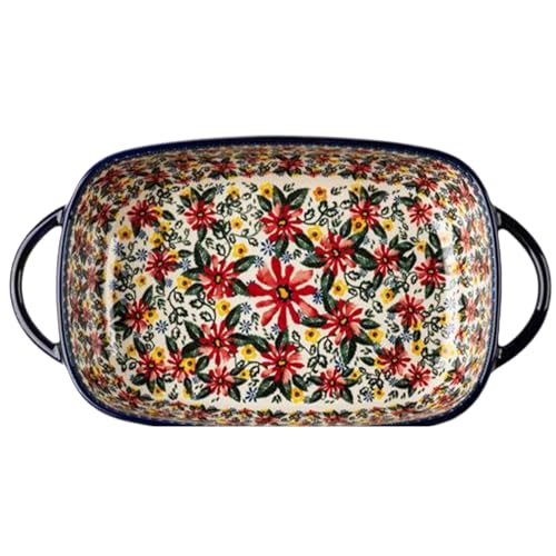 Plats de cuisson en céramique, 10,9x7,5 pouces à motif floral plat de boulangerie avec poignées, plat de casserole rectangle vintage, plats de casserole pour cuisine de cuisson au four