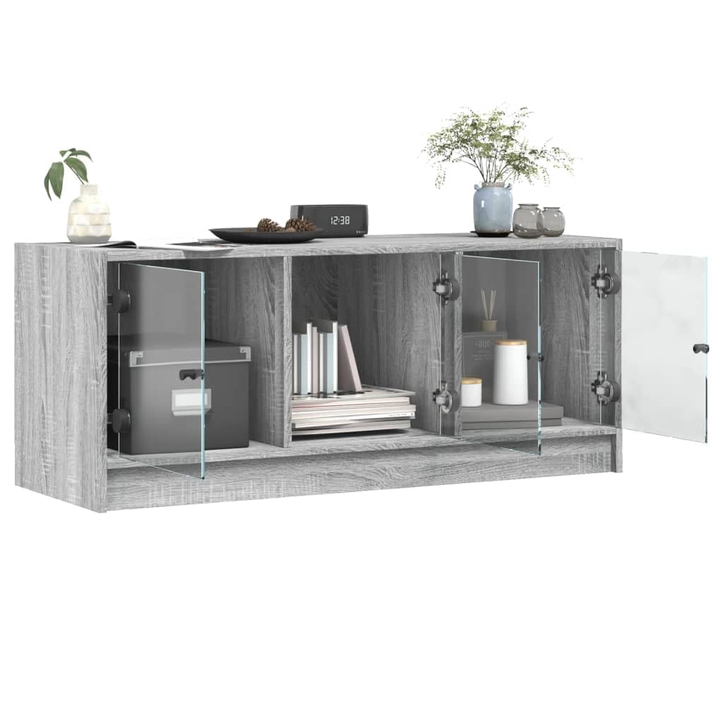 TV-Schrank mit Glastüren Grau Sonoma, 102x37x42 cm, Holzwerkstoff Modernes Design, Geräumiges Media-Center für Wohnzimmer und Schlafzimmer, Hohe Belastbarkeit
