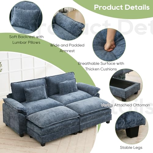 Image of Oprisen 86 inch Modular Sectional Sofa, Comfy Cloud Couch Sectional Sofa with Ottoman, Chenille Sofa Sleeper Deep Seat Sofa with Throw Pillows for Living Room (Blue)
