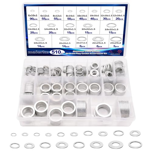 maierke 510PCS Crush Washer Oil Drain Plug 18 Sizes Aluminum Oil Drain Plug Gasket Assortment Automotive Engine Crush Washers (M6 M8 M10 M12 M14 M16 M18 M20 M22 M24)