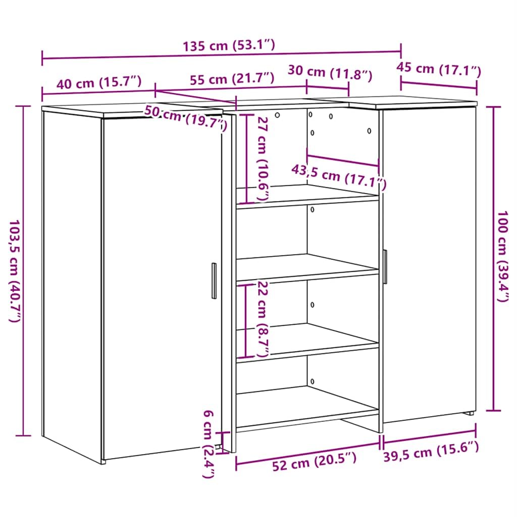 Mesita de recepción gris hormigón 135 x 50 x 103,5 cm de material de madera con mostrador integrado y espacio de almacenamiento, con armario para oficina, oficina en casa y recepción