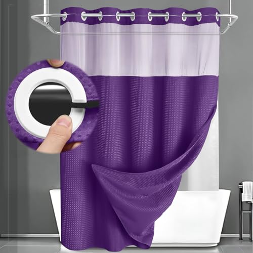 XOGUIBO No Hook Shower Curtain and Liner Set,Deep Purple Hotel Waffle Shower Curtain with Liner 75" L x 72" W