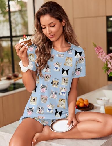 Image of Ekouaer 2 Packs Women Pajama Set Short Sleeve Sleepwear Soft Top and Shorts | Casual Pjs Outfits Ribbed Knit Lounge Set with Pockets