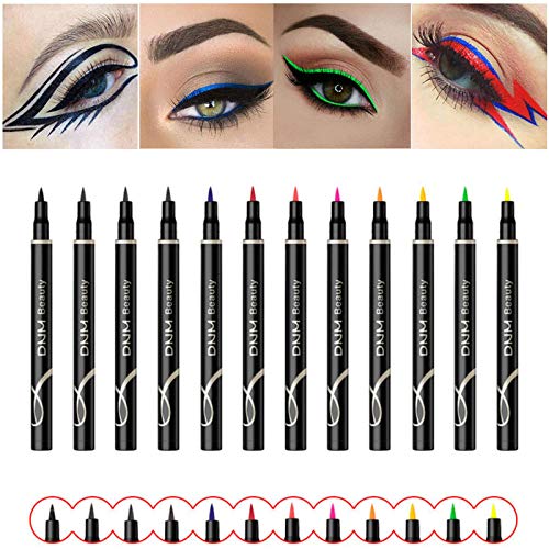 12PCS Matte Liquid Eyeliner Pencil, Long-Lasting Colored Eyeliners Waterproof Smudge Proof Eyeliner Liquid Pen Black Brown Coffee Neon Color Gel Eyeliner