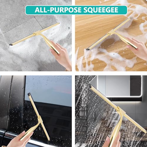 Image of Shower Squeegee for Glass Doors,10 Inch Stainless Steel Squeegee for Shower Glass with Storage Hook, Shower Squeegee for Tile Shower Walls, Window Mirror Squeegee and Car Glass (Gold)