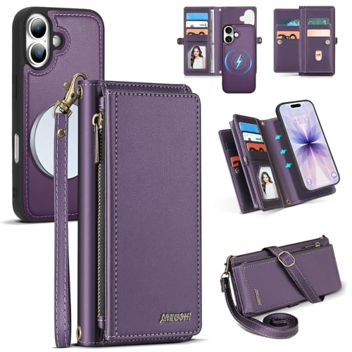 Flriwd for iPhone 17 Wallet Case, Detachable Magnetic Phone Case,Faux Leather Strap Wallet,with RFID Blocking，Zipper Card Holder，Shoulder Straps (Purple)