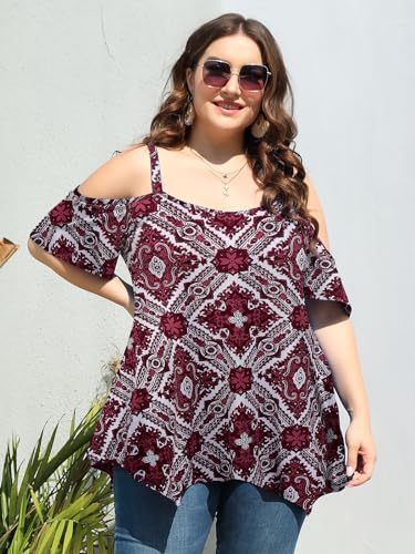 Image of LARACE Cold Shoulder Tops for Womens Summer Clothes Spaghetti Strape Tunic Oversized Shirts Asymmetrical Plus Size Blouse