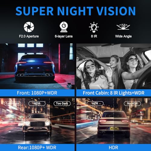 Image of 360 View 4 Channel Dash Cam Front and Rear, Dash Camera for Car with 3.16 inch IPS Touch Screen, 8 IR Night Vision, 5G WiFi&GPS,APP Control, G-Sensor, Loop Recording, Parking Mode, 64GB Card
