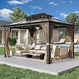 EROMMY 10' x 13' Gazebo Polycarbonate Double Roof Canopy Outdoor Aluminum Frame Pergola, Permanent Pavilion with Netting and Curtains for Garden Patio Lawns Parties
