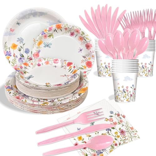Wildflower Plates and Napkins Party Supplies - 168PCS Disposable Floral Paper Plates for Spring Garden Tea Party Decorations