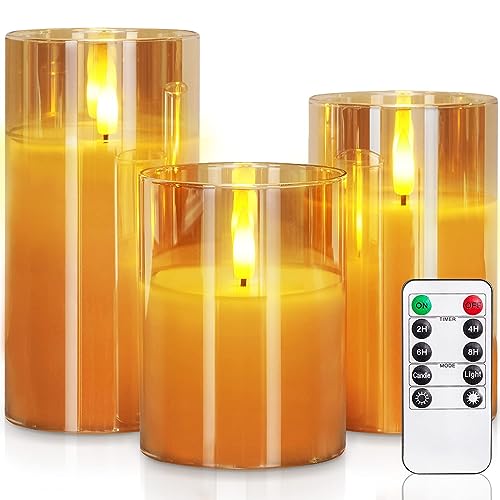 Clear Glass Flameless Candles Battery Operated with Timer, Remote Control, LED Pillar Candles Battery Powered, D3 H4 5" 6", Set of 3 (Gold)