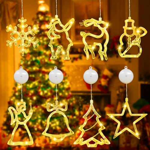 Snarflun 8 PCS LED Luces de Navidad, 10 LED Luces de Ventana con Ventosa, Cortina Luces con Estrella a Pilas,Blanco Calido, Decoración para Interior Exterior Navidad Fiesta Balcón Ventana