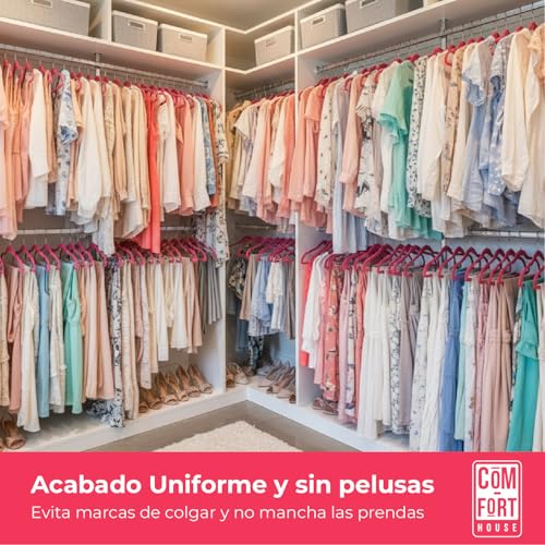 COM-FORT HOUSE- Perchas Terciopelo Antideslizantes- Pack 40 Unidades- Color Fucsia- Diseño Ultrafino Ahorra Espacio - Gancho Giratorio 360° - para Trajes, Vestidos, Camisas