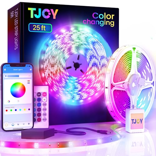 Image of TJOY LED Lights for Bedroom 25ft, RGB Color Changing Led Strip Lighting with Remote and Smart APP Control, Music Sync Rope Lights via Bluetooth for Kitchen, TV, Room Decor