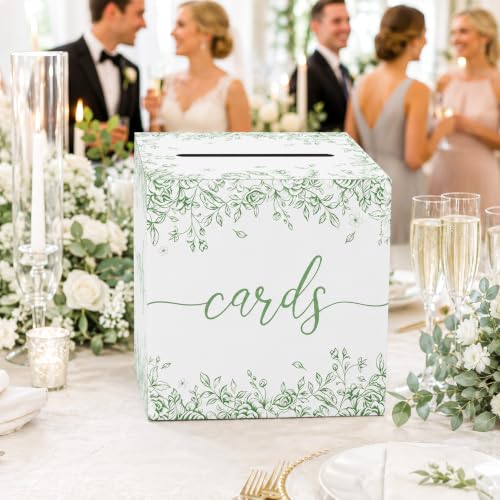 Image of Sage Green Floral Wedding Card Box with Slot for Baby Shower and Birthday | Roomy 8.7 Inch Cube Holds Cards and Envelopes While Keeping Gift Tables Neat at Weddings, Bridal Showers and Garden Parties