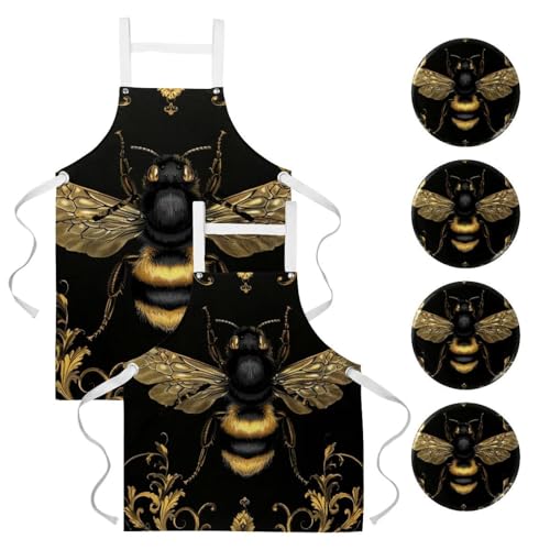 Lot de 2 tabliers de cuisine à motif floral ethnique doré avec 4 broches pour la maison