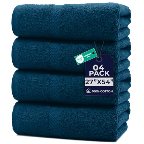 Image of DAN RIVER Bath Towels Set of 4, 27 x 54 Inches, 100% Cotton, Larger & Lighter Weight, Quicker to Dry, Super Soft and Absorbent, Ideal Opal Blue Bath Towel for Daily Use