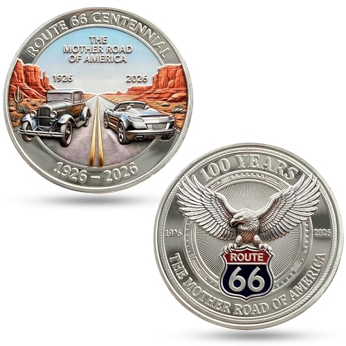 Route 66 Centennial Commemorative Coin (1926-2026) - 100th Anniversary The Mother Road Challenge Coin 3D Engraved Souvenir Medallion with Eagle & Classic Cars Collectible Travel Gift for Men