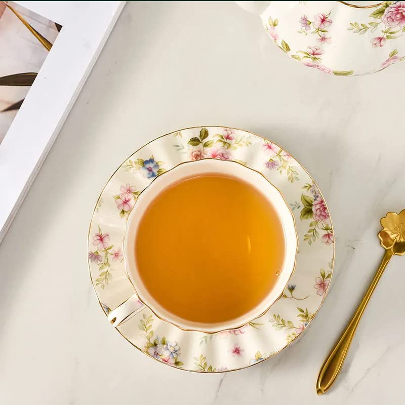 Espressotassen Blumen-Teeservice, Keramik-Kaffeetasse, Anzug-Stil, hochwertige Teetasse und Untertasse mit goldenem Rand und einem Löffel Espresso Tassen (Size : 220ml, Color : Style C 400ml)