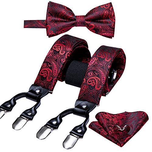 Yohowa Mens Suspenders Wine Bow Tie Set Silk Adjustable Y Back Hankerchief Cufflinks Formal Wedding Luxury Box #TOP1
